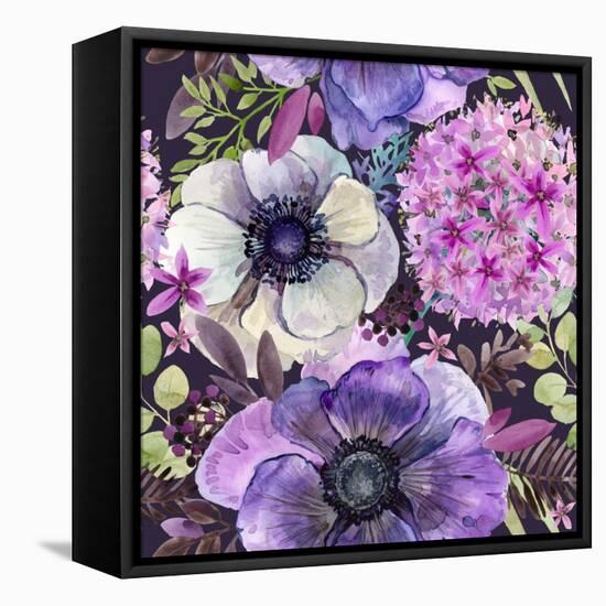 Watercolor Violet Flowers Seamless Pattern. Hand-Drawn Botanical Illustration. Vintage Floral Compo-Faenkova Elena-Framed Stretched Canvas
