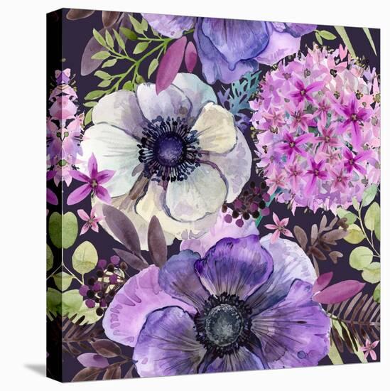 Watercolor Violet Flowers Seamless Pattern. Hand-Drawn Botanical Illustration. Vintage Floral Compo-Faenkova Elena-Stretched Canvas
