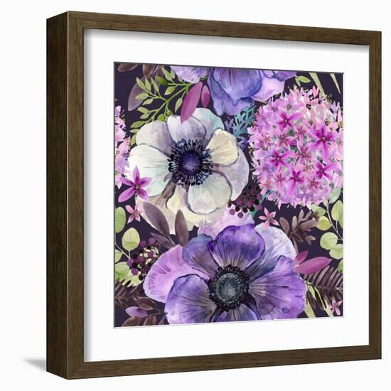 Watercolor Violet Flowers Seamless Pattern. Hand-Drawn Botanical Illustration. Vintage Floral Compo-Faenkova Elena-Framed Art Print