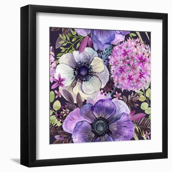 Watercolor Violet Flowers Seamless Pattern. Hand-Drawn Botanical Illustration. Vintage Floral Compo-Faenkova Elena-Framed Art Print