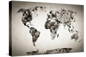 Watercolor World Map. Black and White Paint on Paper, Retro Style. HD Quality-Michal Bednarek-Stretched Canvas