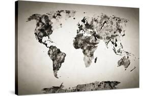 Watercolor World Map. Black and White Paint on Paper, Retro Style. HD Quality-Michal Bednarek-Stretched Canvas