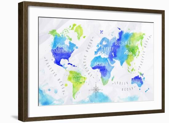 Watercolor World Map Green Blue-anna42f-Framed Art Print