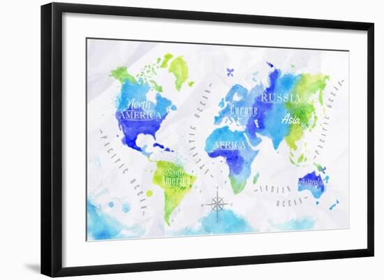 Watercolor World Map Green Blue-anna42f-Framed Art Print