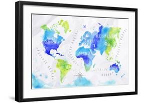 Watercolor World Map Green Blue-anna42f-Framed Art Print