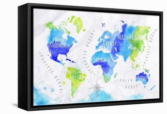 Watercolor World Map Green Blue-anna42f-Framed Stretched Canvas