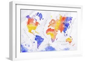 Watercolor World Map Red Purple-anna42f-Framed Art Print