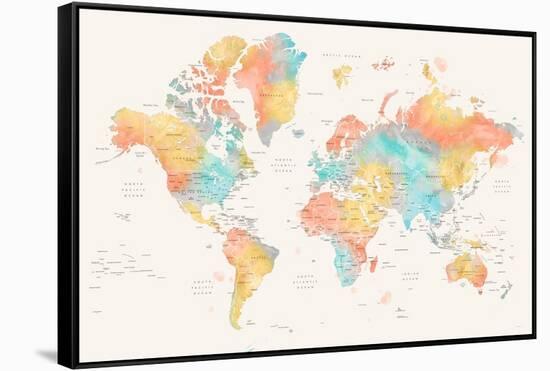 Watercolor World Map with Countries, Fifi-Rosana Laiz Blursbyai-Framed Stretched Canvas