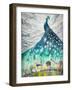 Watercolors Abstract Illustration of Peacock as Night Sky over City.-DeepGreen-Framed Art Print