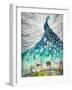 Watercolors Abstract Illustration of Peacock as Night Sky over City.-DeepGreen-Framed Art Print