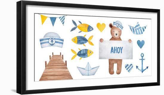 Watercolour Illustration Collection of Various Nautical Symbols: Sailor Hat, Funny Fish, Wooden Pie-Julia August-Framed Photographic Print