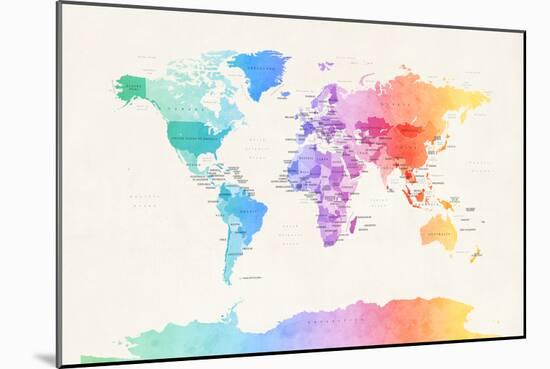 Watercolour Political Map of the World-Michael Tompsett-Mounted Premium Giclee Print