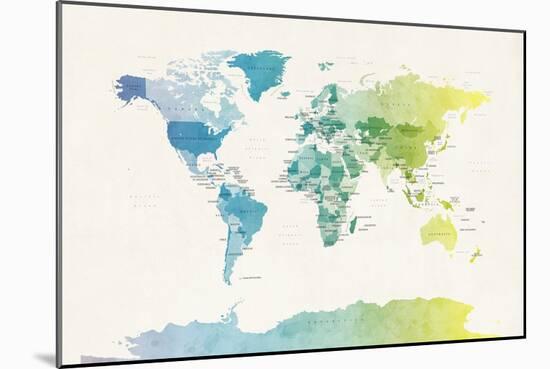 Watercolour Political Map of the World-Michael Tompsett-Mounted Art Print