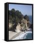 Waterfall and Beach at Julia Pfeiffer Burns State Park, Near Big Sur, California-Donald Nausbaum-Framed Stretched Canvas