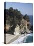 Waterfall and Beach at Julia Pfeiffer Burns State Park, Near Big Sur, California-Donald Nausbaum-Stretched Canvas