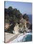 Waterfall and Beach at Julia Pfeiffer Burns State Park, Near Big Sur, California-Donald Nausbaum-Stretched Canvas