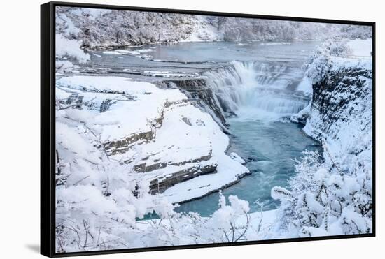 Waterfall and cascades on partially frozen Paine River, Chile-Nick Garbutt-Framed Stretched Canvas