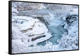 Waterfall and cascades on partially frozen Paine River, Chile-Nick Garbutt-Framed Stretched Canvas
