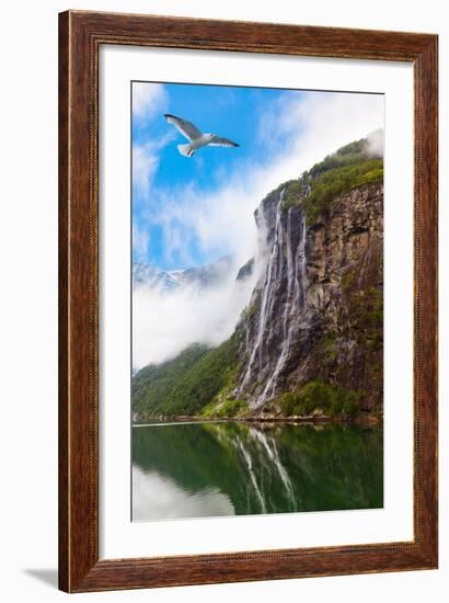 Waterfall in Geiranger Fjord Norway - Nature and Travel Background-Nik_Sorokin-Framed Photographic Print