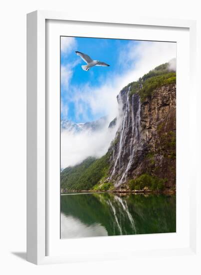 Waterfall in Geiranger Fjord Norway - Nature and Travel Background-Nik_Sorokin-Framed Photographic Print