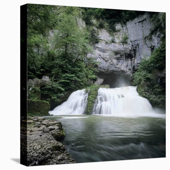 Waterfall of River Lison Emerging from Underground, Source Du Lison, Nans Sous St. Anne, Jura, Fran-Stuart Black-Stretched Canvas