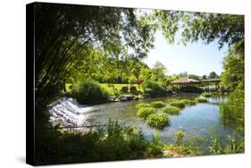 Waterfall, Pond, Bamboo Grove and Straw Roof Hut at West Lake, Hangzhou, Zhejiang, China-Andreas Brandl-Stretched Canvas