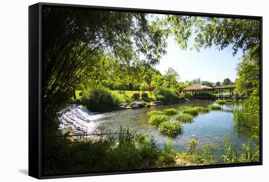 Waterfall, Pond, Bamboo Grove and Straw Roof Hut at West Lake, Hangzhou, Zhejiang, China-Andreas Brandl-Framed Stretched Canvas