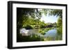 Waterfall, Pond, Bamboo Grove and Straw Roof Hut at West Lake, Hangzhou, Zhejiang, China-Andreas Brandl-Framed Photographic Print