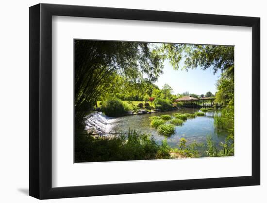 Waterfall, Pond, Bamboo Grove and Straw Roof Hut at West Lake, Hangzhou, Zhejiang, China-Andreas Brandl-Framed Photographic Print