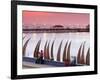 Waterfront Scene at Huanchaco in Peru, Locals Relax Next to Totora Boats Stacked Along the Beach-Andrew Watson-Framed Photographic Print