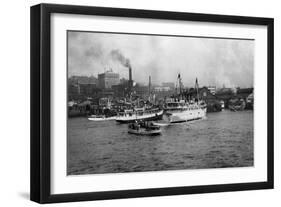 Waterfront Scene with Ships of Seattle, WA Photograph - Seattle, WA-Lantern Press-Framed Art Print