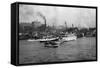 Waterfront Scene with Ships of Seattle, WA Photograph - Seattle, WA-Lantern Press-Framed Stretched Canvas