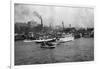 Waterfront Scene with Ships of Seattle, WA Photograph - Seattle, WA-Lantern Press-Framed Art Print