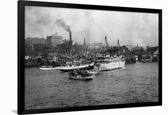 Waterfront Scene with Ships of Seattle, WA Photograph - Seattle, WA-Lantern Press-Framed Art Print