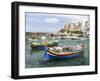 Waterfront with Luzzu Fishing Boats, Marsalforn, Gozo Island, Malta-Martin Zwick-Framed Premium Photographic Print