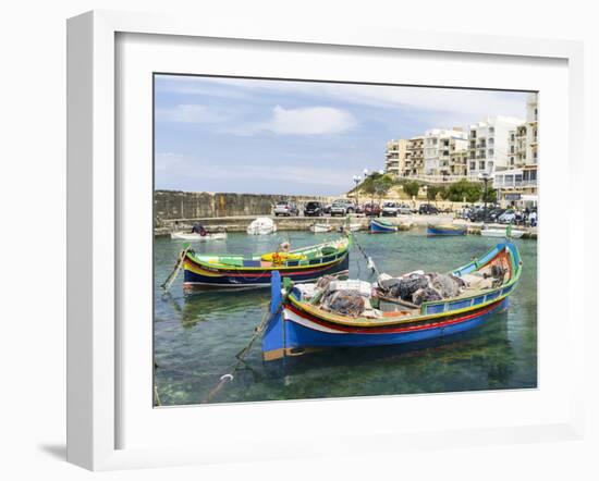 Waterfront with Luzzu Fishing Boats, Marsalforn, Gozo Island, Malta-Martin Zwick-Framed Premium Photographic Print