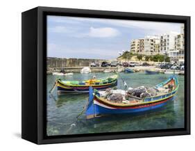 Waterfront with Luzzu Fishing Boats, Marsalforn, Gozo Island, Malta-Martin Zwick-Framed Stretched Canvas