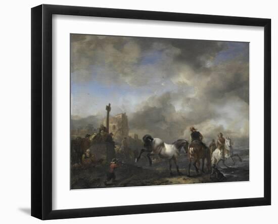 Watering Horses Near a Boundary Marker-Philips Wouwerman-Framed Art Print