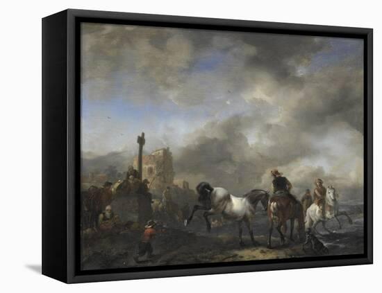 Watering Horses Near a Boundary Marker-Philips Wouwerman-Framed Stretched Canvas
