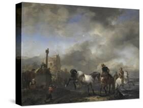 Watering Horses Near a Boundary Marker-Philips Wouwerman-Stretched Canvas