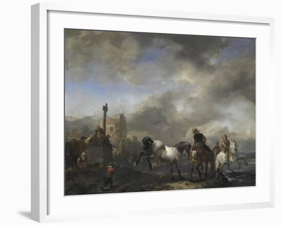 Watering Horses Near a Boundary Marker-Philips Wouwerman-Framed Art Print