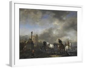 Watering Horses Near a Boundary Marker-Philips Wouwerman-Framed Art Print