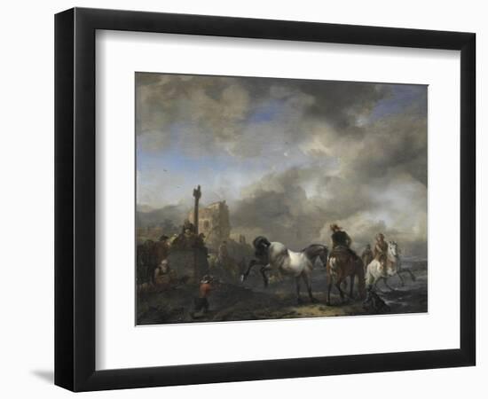 Watering Horses Near a Boundary Marker-Philips Wouwerman-Framed Art Print