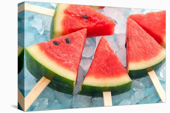 Watermelon Popsicle Raw Food Yummy Fresh Summer Fruit Sweet Dessert on Vintage Old Wood Teak Blue-rukxstockphoto-Stretched Canvas