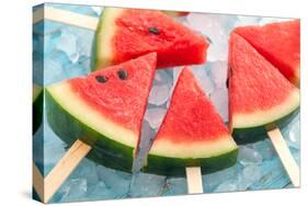 Watermelon Popsicle Raw Food Yummy Fresh Summer Fruit Sweet Dessert on Vintage Old Wood Teak Blue-rukxstockphoto-Stretched Canvas