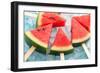 Watermelon Popsicle Raw Food Yummy Fresh Summer Fruit Sweet Dessert on Vintage Old Wood Teak Blue-rukxstockphoto-Framed Photographic Print