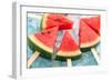 Watermelon Popsicle Raw Food Yummy Fresh Summer Fruit Sweet Dessert on Vintage Old Wood Teak Blue-rukxstockphoto-Framed Photographic Print