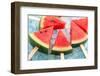 Watermelon Popsicle Raw Food Yummy Fresh Summer Fruit Sweet Dessert on Vintage Old Wood Teak Blue-rukxstockphoto-Framed Photographic Print