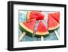 Watermelon Popsicle Raw Food Yummy Fresh Summer Fruit Sweet Dessert on Vintage Old Wood Teak Blue-rukxstockphoto-Framed Photographic Print