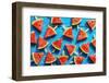 Watermelon Slice Popsicles on a Blue Rustic Wood Background-I am Kulz-Framed Photographic Print